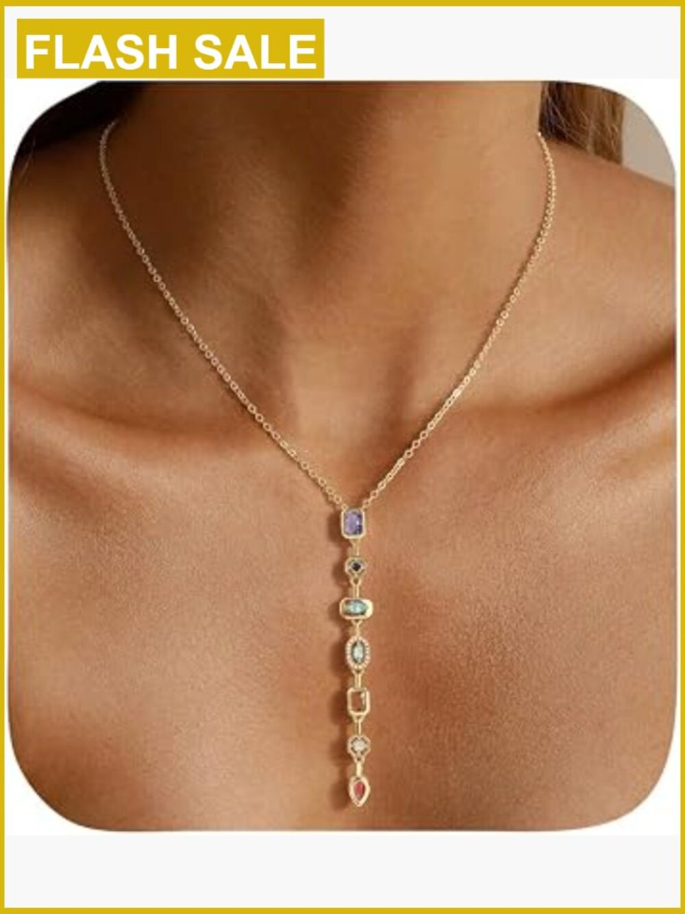 Seven Chakra Pendant Necklace, 14K Gold Plated Long Pendant Trend Jewelry